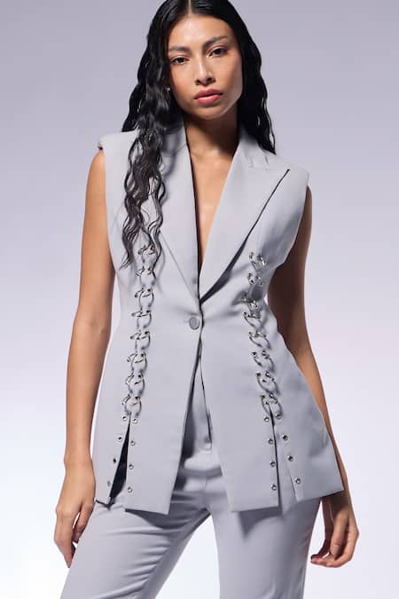 Cilvr_Gray Polyester, Viscose Metal Septum Detailed Blazer And Pant Set _Online_at_Aza_Fashions