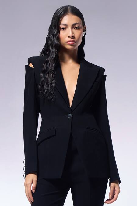 Buy_Cilvr_Black Polyester, Viscose Metal Spine Detailed Blazer And Pant Set _Online_at_Aza_Fashions