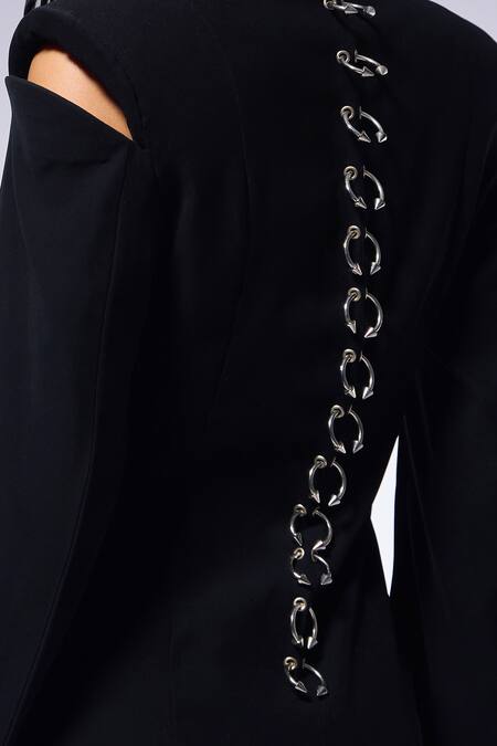 Shop_Cilvr_Black Polyester, Viscose Metal Spine Detailed Blazer And Pant Set 