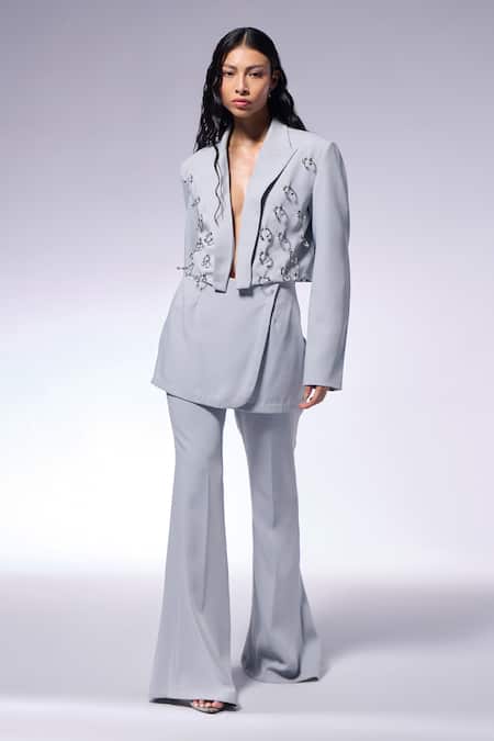 Cilvr_Gray Polyester, Viscose Metallic Thread Hand Embellished Grey Blazer And Pant Set _Online_at_Aza_Fashions