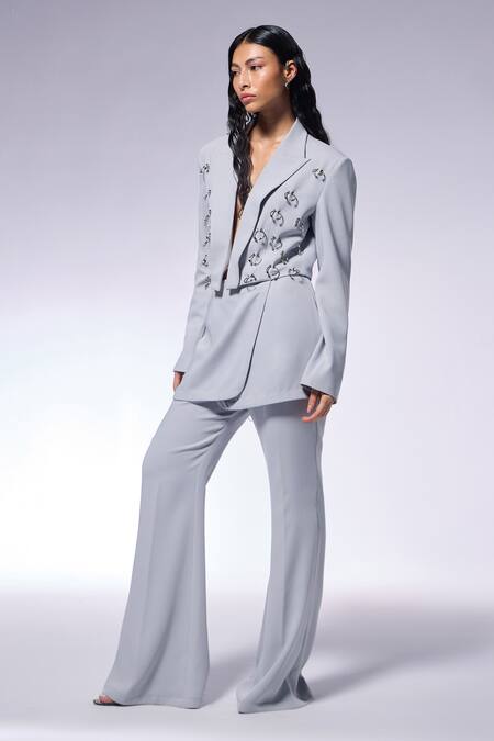 Buy_Cilvr_Gray Polyester, Viscose Metallic Thread Hand Embellished Grey Blazer And Pant Set _Online_at_Aza_Fashions