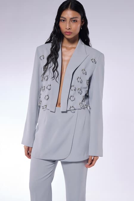Shop_Cilvr_Gray Polyester, Viscose Metallic Thread Hand Embellished Grey Blazer And Pant Set _Online_at_Aza_Fashions