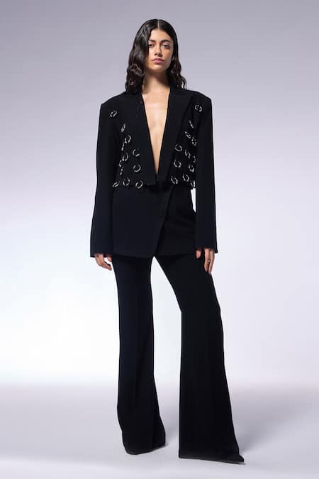 CILVR Black 30% Viscose 70% Polyester Hand Embellished Metal Septums Blazer And Pant Set 