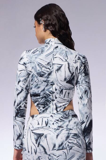 Shop Cilvr Black 90% Polyester 10% Spandex Printed Crushed Paper High Illusion Bodysuit at Aza Fashions Shop_Cilvr_Black 90% Polyester 10% Spandex Printed Crushed Paper High Illusion Bodysuit_at_Aza_Fashions