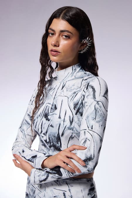 Buy Cilvr Black 90% Polyester 10% Spandex Printed Crushed Paper High Illusion Bodysuit Online at Aza Fashions Buy_Cilvr_Black 90% Polyester 10% Spandex Printed Crushed Paper High Illusion Bodysuit_Online_at_Aza_Fashions