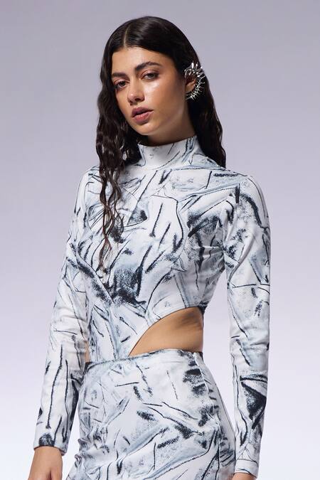 Shop Cilvr Black 90% Polyester 10% Spandex Printed Crushed Paper High Illusion Bodysuit Online at Aza Fashions Shop_Cilvr_Black 90% Polyester 10% Spandex Printed Crushed Paper High Illusion Bodysuit_Online_at_Aza_Fashions