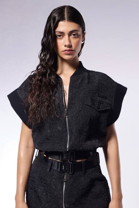 Cilvr_Black Viscose, Polyester Embroidery Textured Cargo Jacket _Online_at_Aza_Fashions