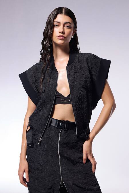 Buy_Cilvr_Black Viscose, Polyester Embroidery Textured Cargo Jacket _Online_at_Aza_Fashions