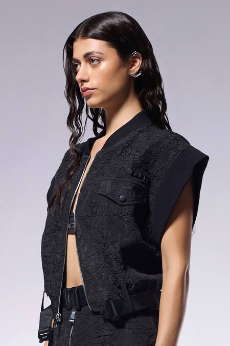 Shop_Cilvr_Black Viscose, Polyester Embroidery Textured Cargo Jacket _Online_at_Aza_Fashions