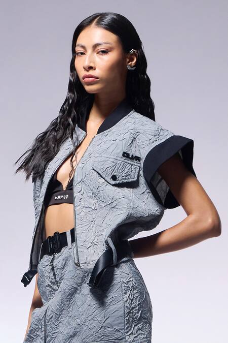 Shop_Cilvr_Gray Viscose, Polyester Racerback Slate Grey Textured Cargo Jacket _Online_at_Aza_Fashions