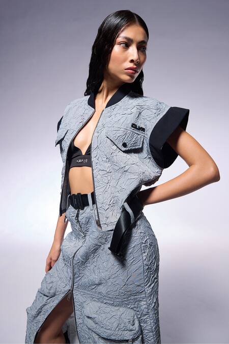 Buy_Cilvr_Gray Viscose, Polyester Racerback Slate Grey Textured Cargo Jacket 