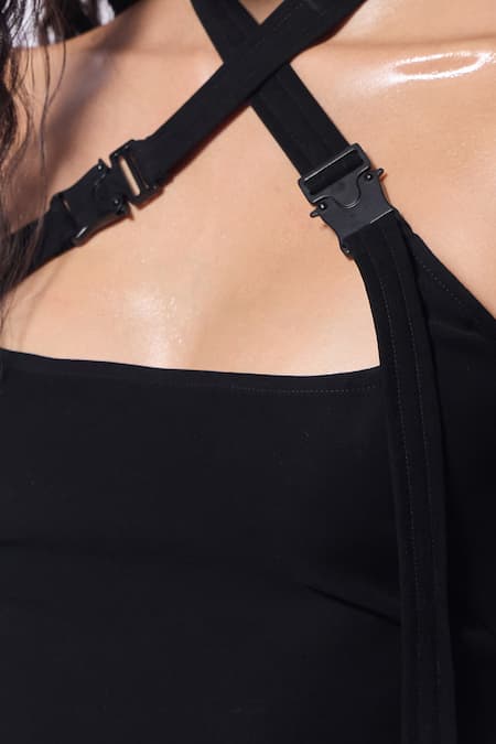 Cilvr_Black Viscose, Polyester Metallic Thread Halter Neck Septum Embellished Dress _at_Aza_Fashions