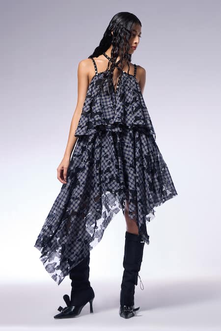 Cilvr_Blue Cotton, Polyester Halter Neck Deconstructed Layered Checkered Dress_Online_at_Aza_Fashions