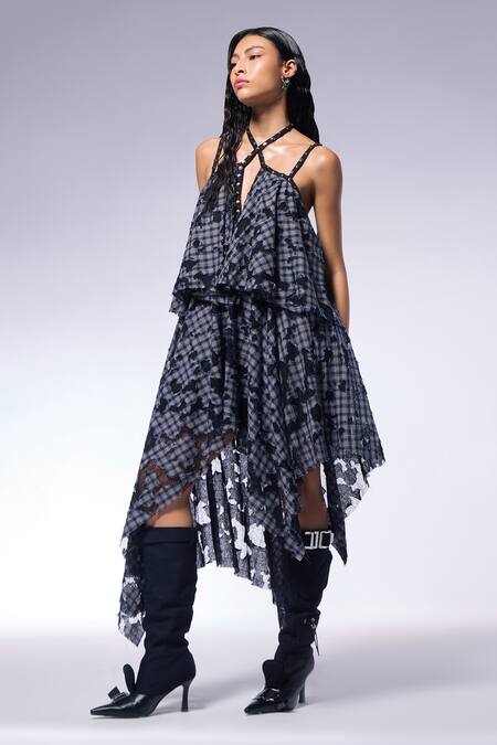 Buy_Cilvr_Blue Cotton, Polyester Halter Neck Deconstructed Layered Checkered Dress_Online_at_Aza_Fashions