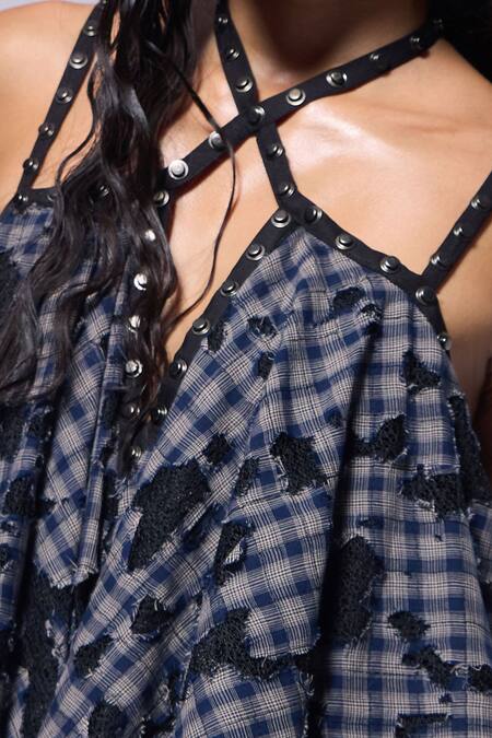 Shop_Cilvr_Blue Cotton, Polyester Halter Neck Deconstructed Layered Checkered Dress_Online_at_Aza_Fashions