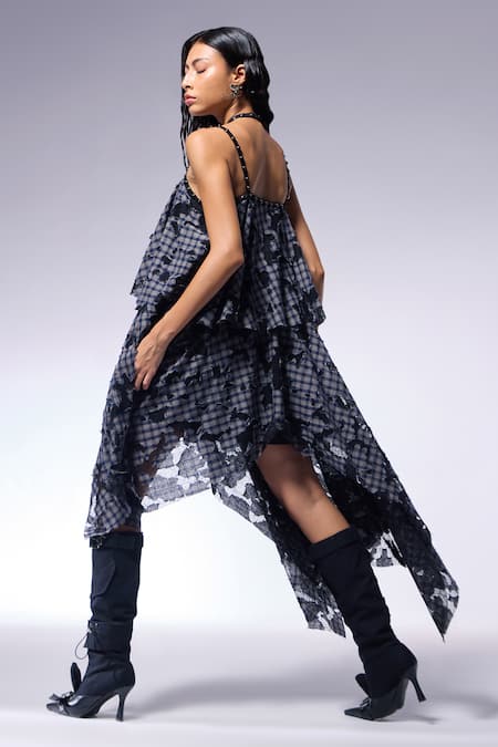 Cilvr_Blue Cotton, Polyester Halter Neck Deconstructed Layered Checkered Dress_at_Aza_Fashions