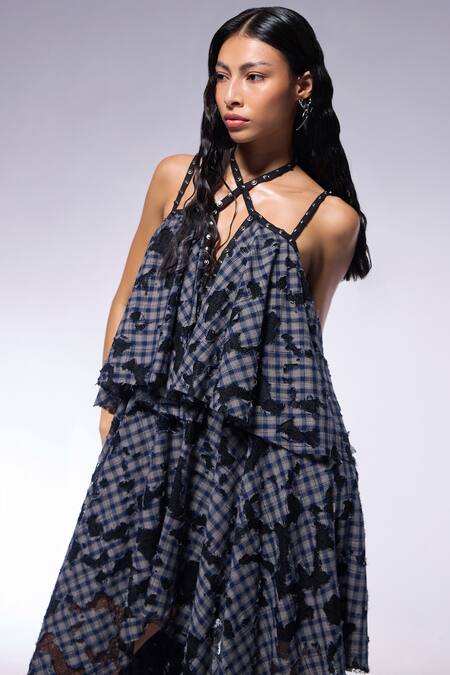 Buy_Cilvr_Blue Cotton, Polyester Halter Neck Deconstructed Layered Checkered Dress