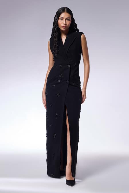 Buy_Cilvr_Black Viscose, Polyester Beads Collared Embroidered Coat Dress _Online_at_Aza_Fashions
