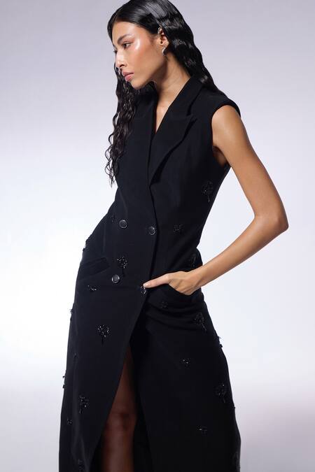 Shop_Cilvr_Black Viscose, Polyester Beads Collared Embroidered Coat Dress _Online_at_Aza_Fashions