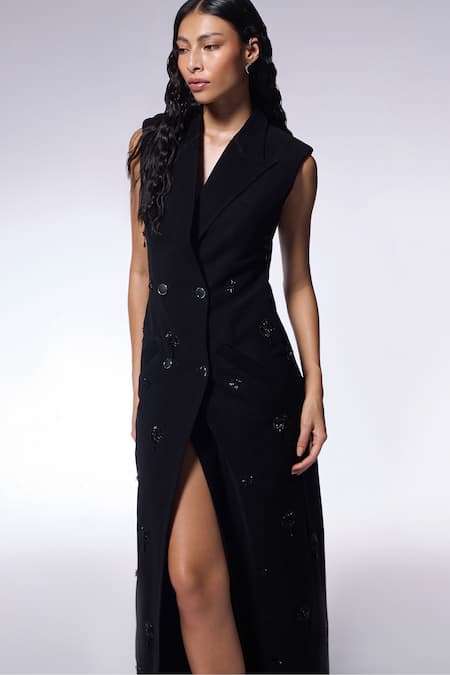 Cilvr_Black Viscose, Polyester Beads Collared Embroidered Coat Dress _at_Aza_Fashions