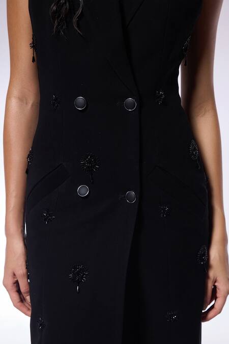 Buy_Cilvr_Black Viscose, Polyester Beads Collared Embroidered Coat Dress 