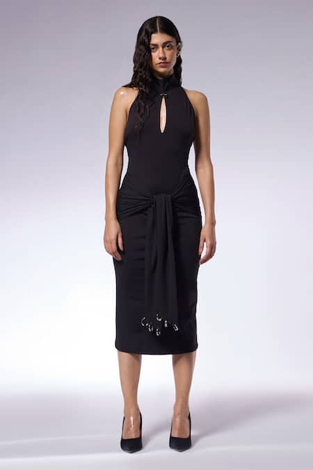Cilvr_Black Polyester, Spandex Metallic Thread Halter Septum Embellished Midi Dress _Online_at_Aza_Fashions