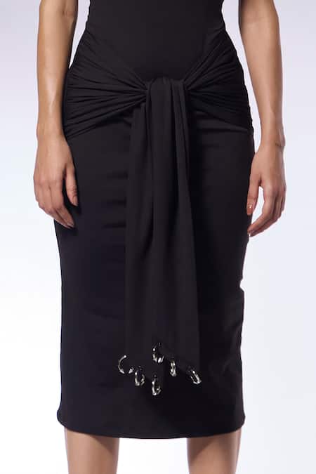Shop_Cilvr_Black Polyester, Spandex Metallic Thread Halter Septum Embellished Midi Dress _Online_at_Aza_Fashions