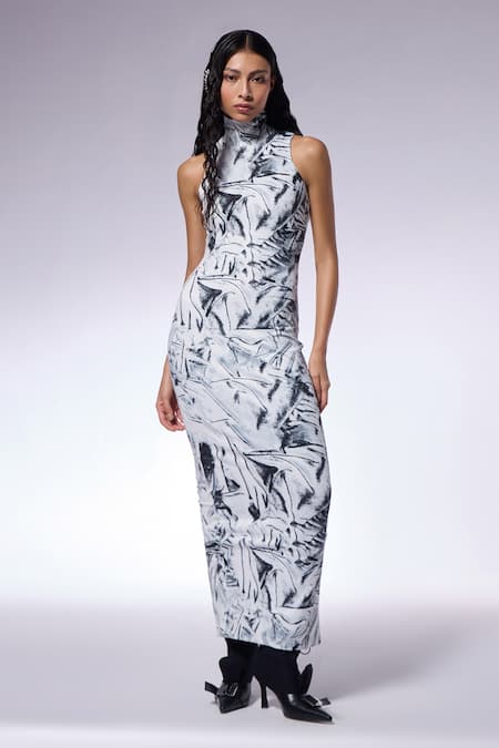 Cilvr_Black Polyester, Spandex Halter Neck Crushed Paper Print Maxi Dress _Online_at_Aza_Fashions