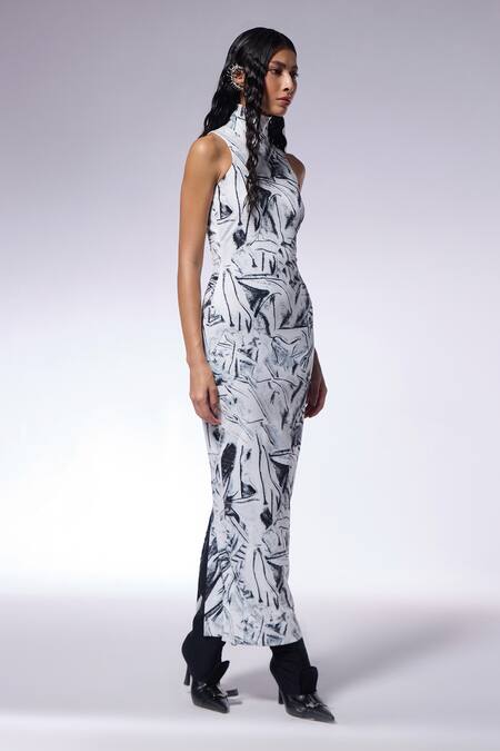 Buy_Cilvr_Black Polyester, Spandex Halter Neck Crushed Paper Print Maxi Dress _Online_at_Aza_Fashions