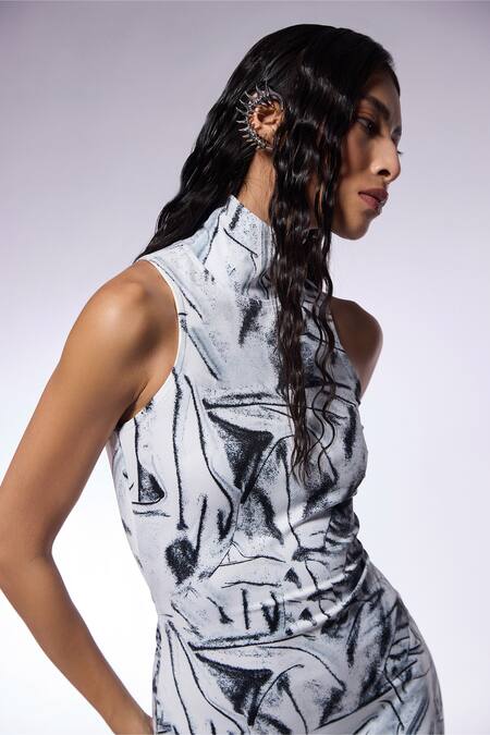 Cilvr_Black Polyester, Spandex Halter Neck Crushed Paper Print Maxi Dress _at_Aza_Fashions