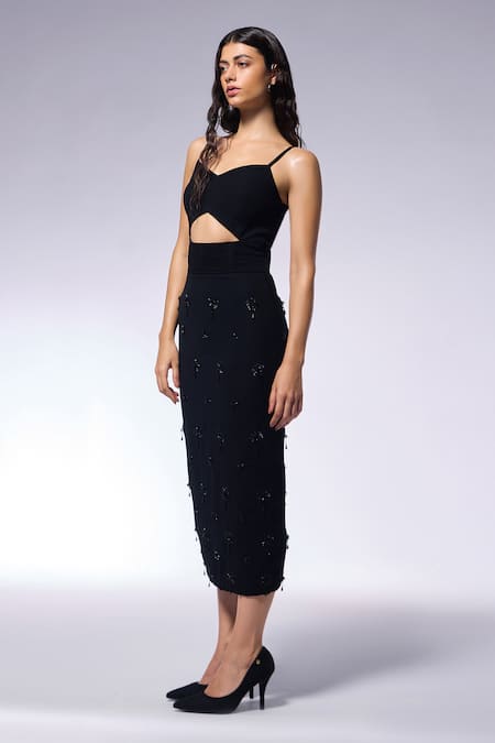 Buy_Cilvr_Black Viscose, Polyester Beads Sweetheart Neck Embroidered Midi Dress _Online_at_Aza_Fashions