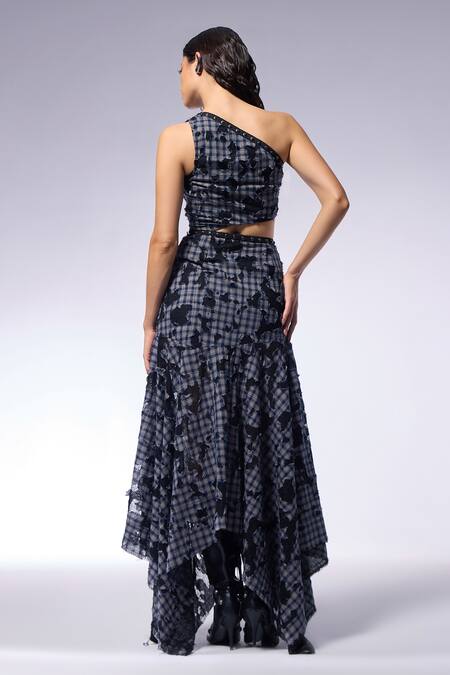 Shop Cilvr Blue Cotton Metallic Thread One Shoulder Maxi Dress at Aza Fashions Shop_Cilvr_Blue Cotton Metallic Thread One Shoulder Maxi Dress_at_Aza_Fashions