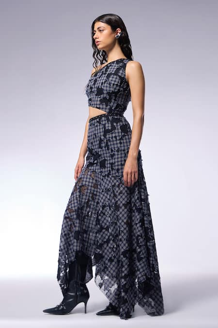 Cilvr Blue Cotton Metallic Thread One Shoulder Maxi Dress Online at Aza Fashions Cilvr_Blue Cotton Metallic Thread One Shoulder Maxi Dress_Online_at_Aza_Fashions
