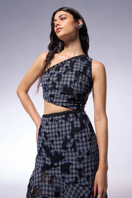 Cilvr Blue Cotton Metallic Thread One Shoulder Maxi Dress at Aza Fashions Cilvr_Blue Cotton Metallic Thread One Shoulder Maxi Dress_at_Aza_Fashions