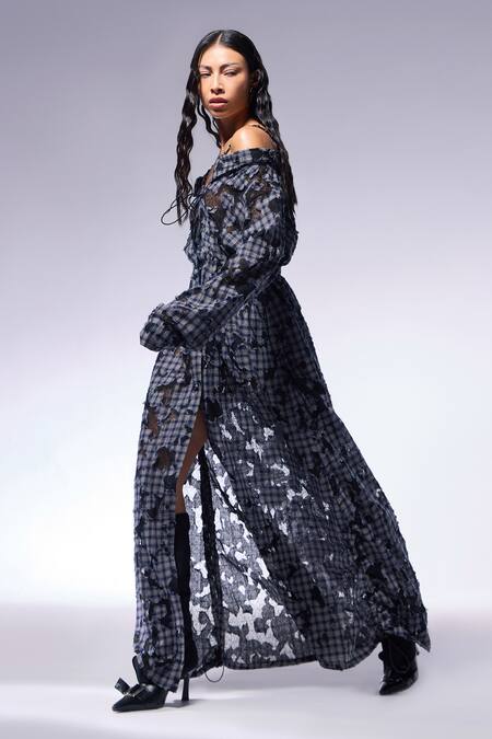 Buy_Cilvr_Blue Cotton V-neck Checkered Maxi Shirt Dress_Online_at_Aza_Fashions