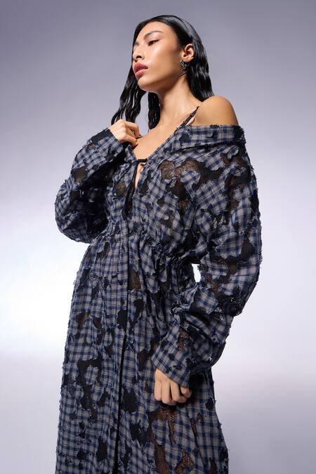Shop_Cilvr_Blue Cotton V-neck Checkered Maxi Shirt Dress_Online_at_Aza_Fashions