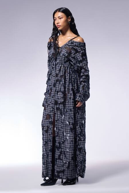 Cilvr_Blue Cotton V-neck Checkered Maxi Shirt Dress_at_Aza_Fashions
