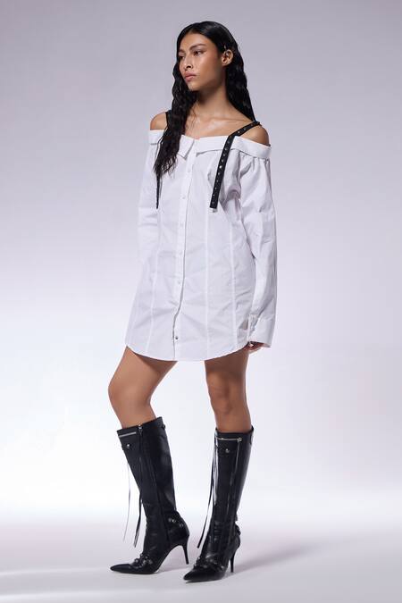 Cilvr_White Cotton, Polyester Off-shoulder, Square Neck Embellished Shirt Dress _Online_at_Aza_Fashions