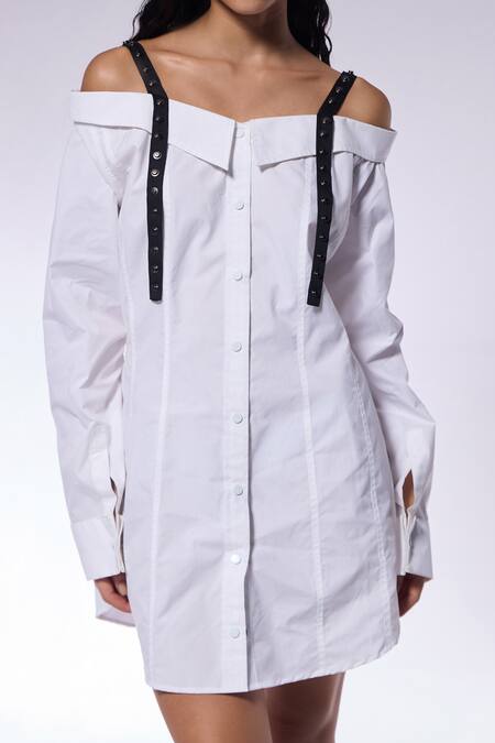 Buy_Cilvr_White Cotton, Polyester Off-shoulder, Square Neck Embellished Shirt Dress _Online_at_Aza_Fashions