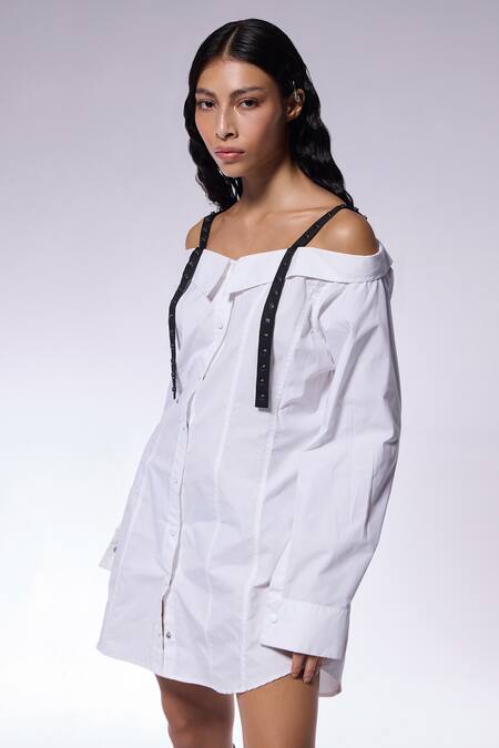 Shop_Cilvr_White Cotton, Polyester Off-shoulder, Square Neck Embellished Shirt Dress _Online_at_Aza_Fashions