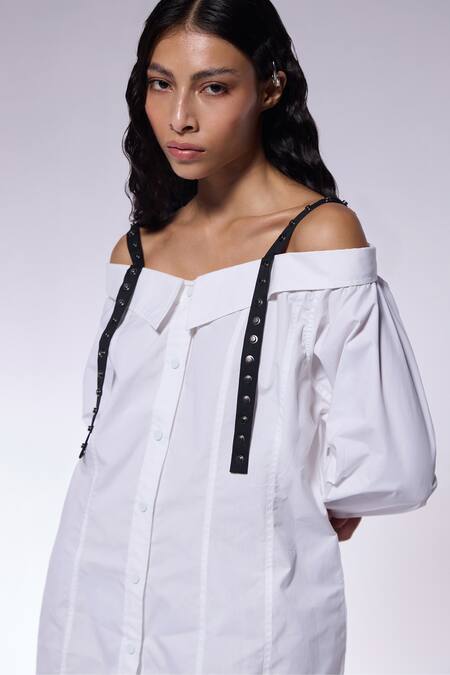 Cilvr_White Cotton, Polyester Off-shoulder, Square Neck Embellished Shirt Dress _at_Aza_Fashions
