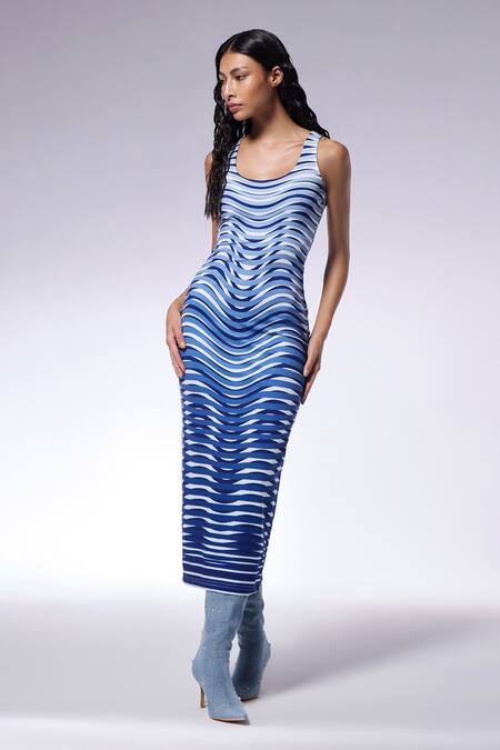 Cilvr_Blue Polyester, Spandex Round Neck Gradient Optical Illusion Midi Dress _Online_at_Aza_Fashions