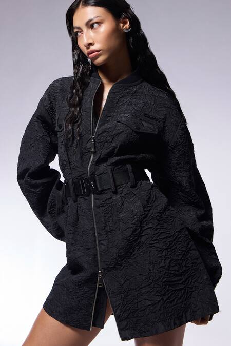 Cilvr_Black Viscose, Polyester Shawl Neck Charcoal Textured Trucker Dress _at_Aza_Fashions