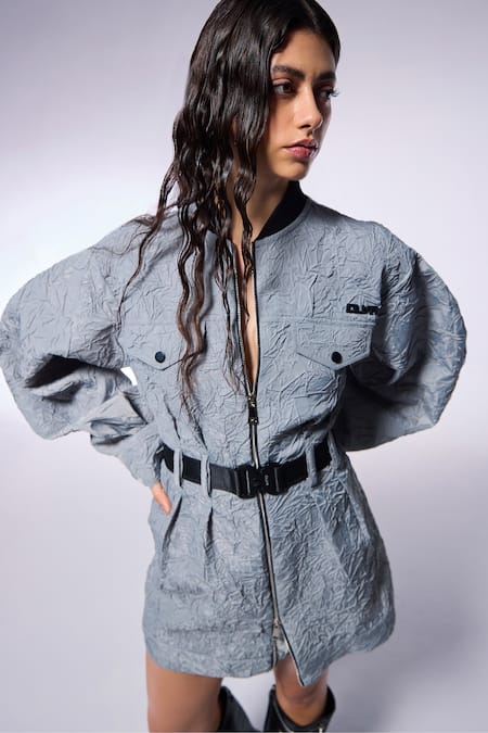 Cilvr_Black Viscose, Polyester Shawl Neck Textured Grey Front Zip Trucker Dress _at_Aza_Fashions