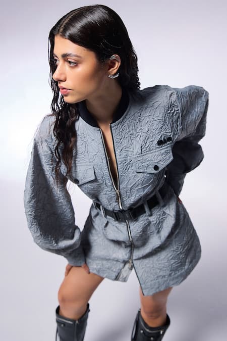 Buy_Cilvr_Black Viscose, Polyester Shawl Neck Textured Grey Front Zip Trucker Dress 