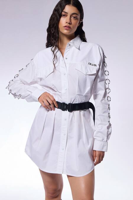 Buy_Cilvr_White Cotton, Polyester Metallic Thread Embellished Trucker Shirt Dress _Online_at_Aza_Fashions