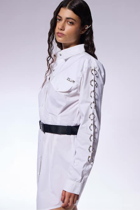 Shop_Cilvr_White Cotton, Polyester Metallic Thread Embellished Trucker Shirt Dress _Online_at_Aza_Fashions