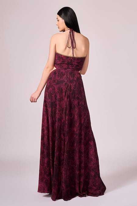 Shop Koswi Red Viscose Halter Neck Floral Print Slit Dress at Aza Fashions Shop_Koswi_Red Viscose Halter Neck Floral Print Slit Dress _at_Aza_Fashions