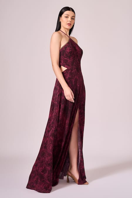 Buy Koswi Red Viscose Halter Neck Floral Print Slit Dress Online at Aza Fashions Buy_Koswi_Red Viscose Halter Neck Floral Print Slit Dress _Online_at_Aza_Fashions