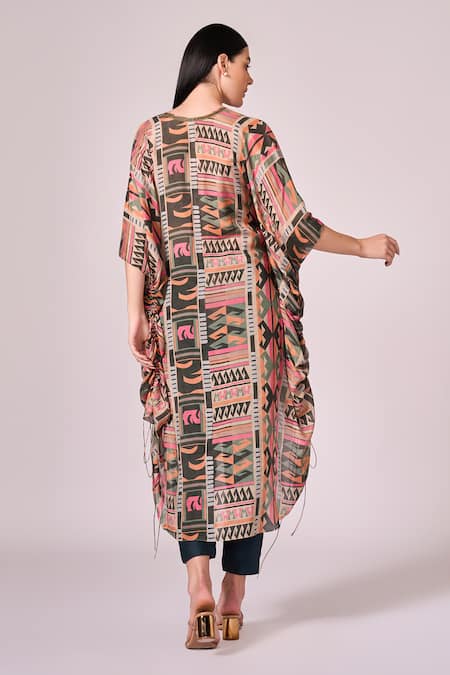 Shop Koswi Multi Color Viscose V-neck Aztec Print Kaftan Set at Aza Fashions Shop_Koswi_Multi Color Viscose V-neck Aztec Print Kaftan Set _at_Aza_Fashions